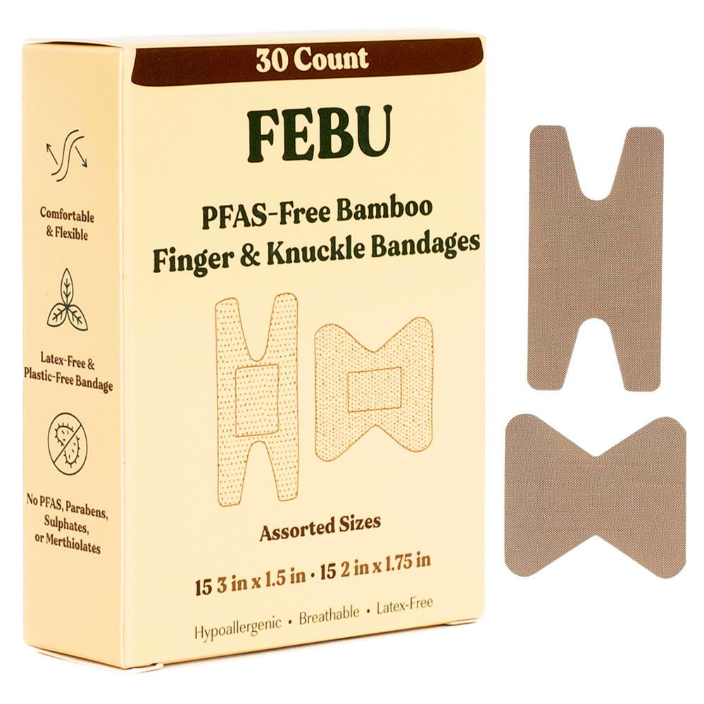 FEBU empaque frontal mostrando 30 vendajes, solución práctica y eco