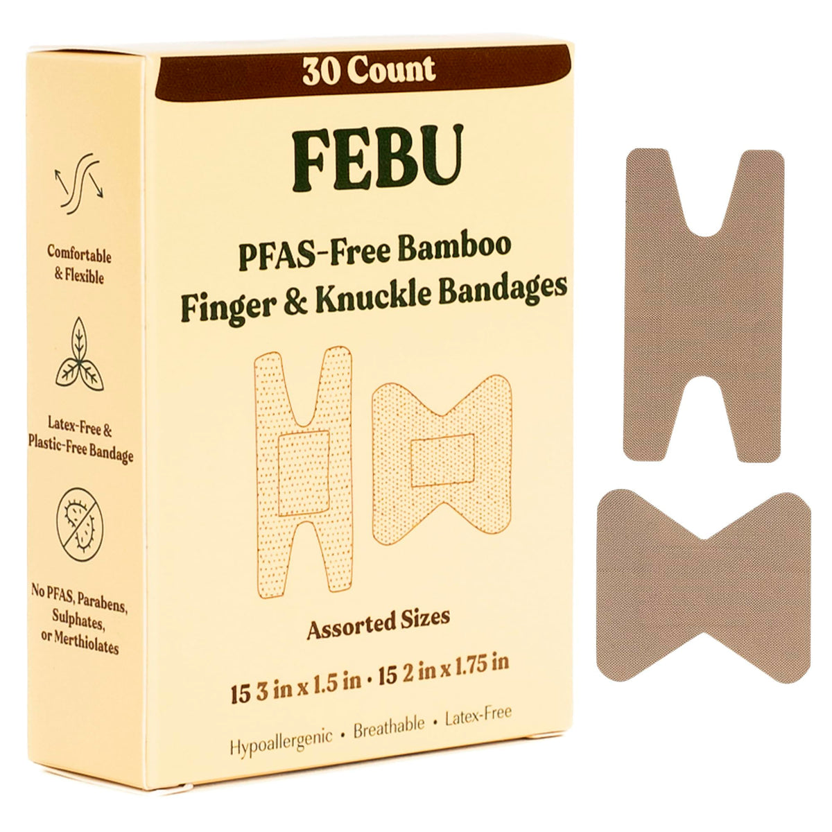 FEBU empaque frontal mostrando 30 vendajes, solución práctica y eco