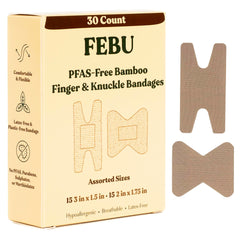 FEBU empaque frontal mostrando 30 vendajes, solución práctica y eco