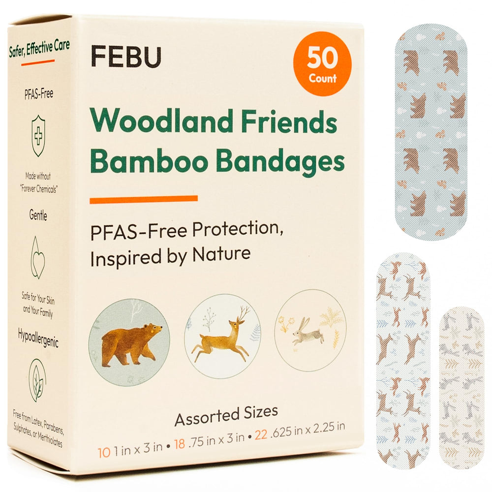 FEBU paquete frontal mostrando 50 tiras y estampado Woodland Friends, protección segura