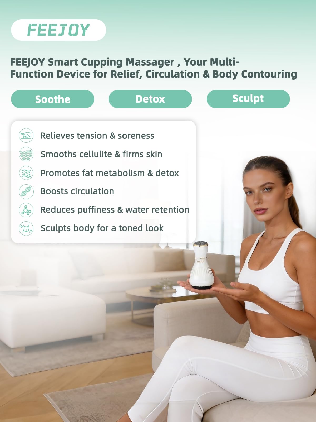 FEEJOY primer plano de la cabeza metálica calefactable, beneficio: calor que mejora confort