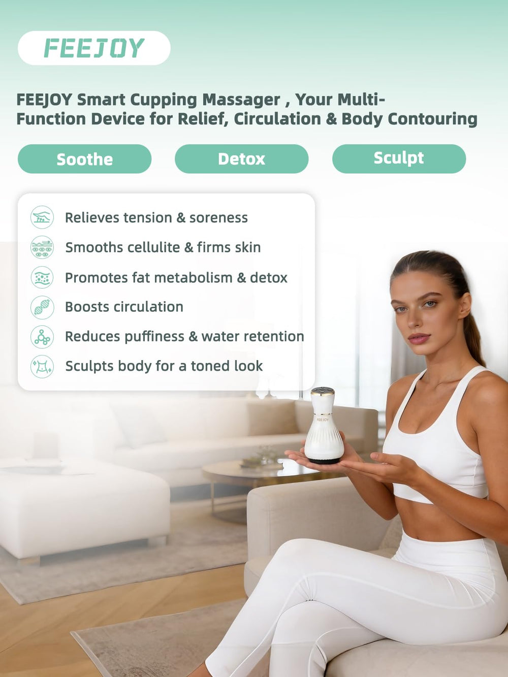 FEEJOY primer plano de la cabeza metálica calefactable, beneficio: calor que mejora confort