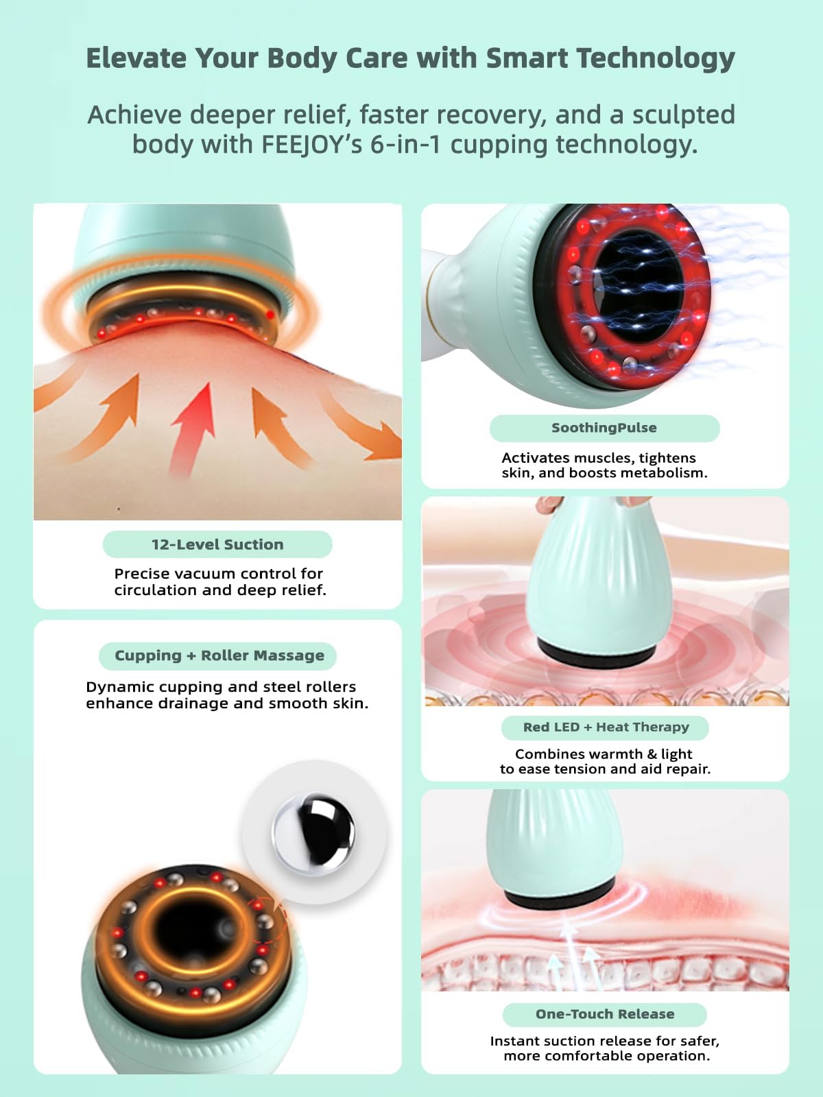 FEEJOY agarre ergonómico antideslizante que facilita el masaje con aceite o loción