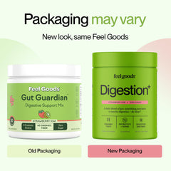 Feel Goods envase junto a mano para comparar tamaño y raciones por paquete