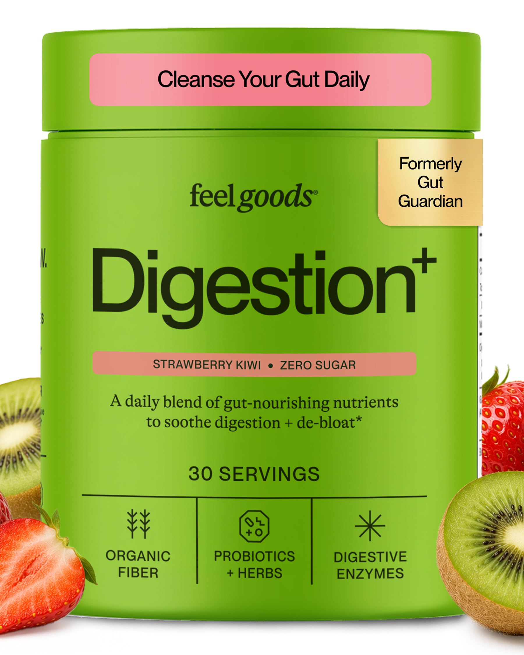 Feel Goods frente del envase mostrando marca y sabor fresa-kiwi, beneficios claros