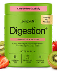 Feel Goods frente del envase mostrando marca y sabor fresa-kiwi, beneficios claros