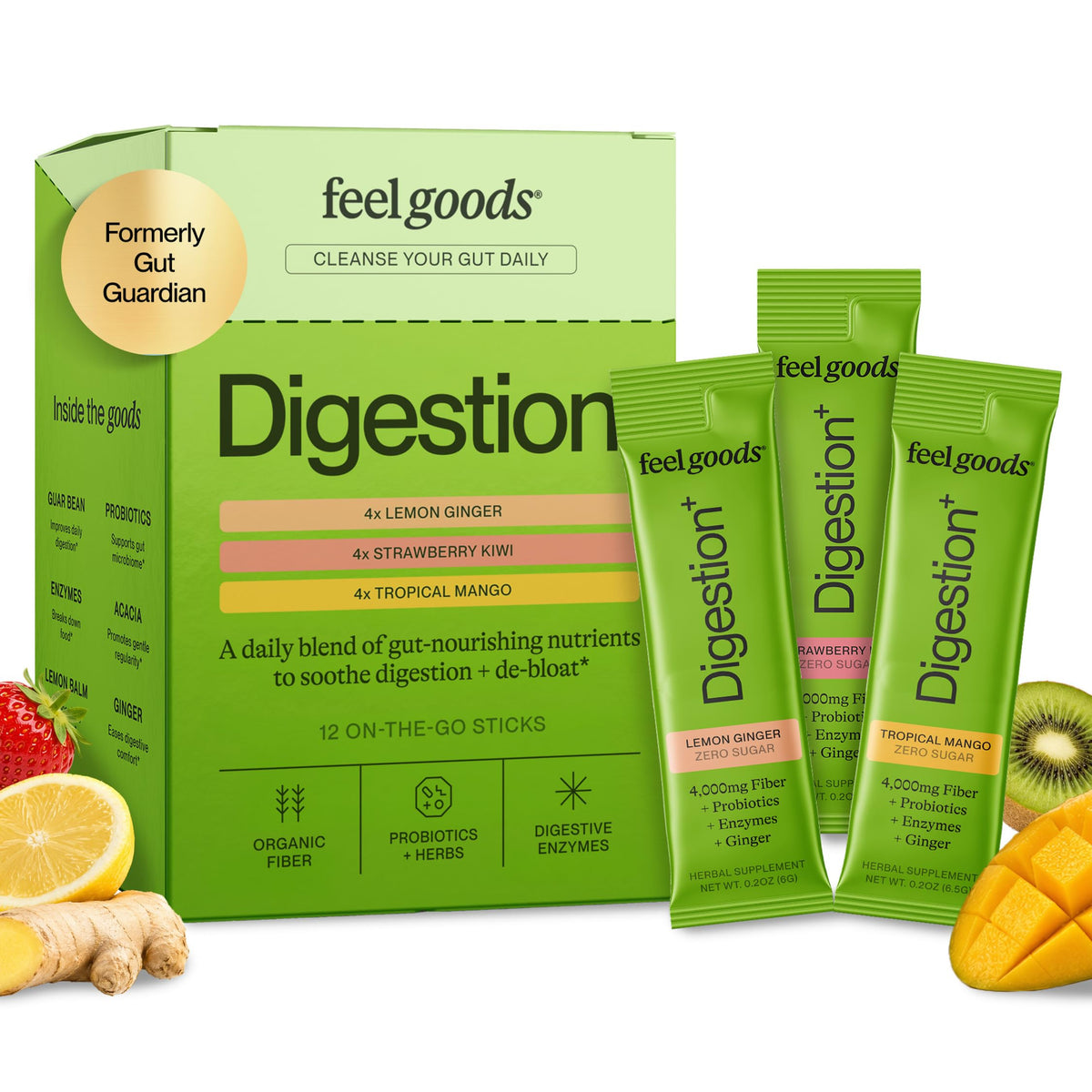 Feel Goods frente del empaque mostrando sobres y sabores beneficios portátiles