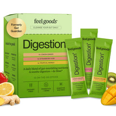 Feel Goods frente del empaque mostrando sobres y sabores beneficios portátiles