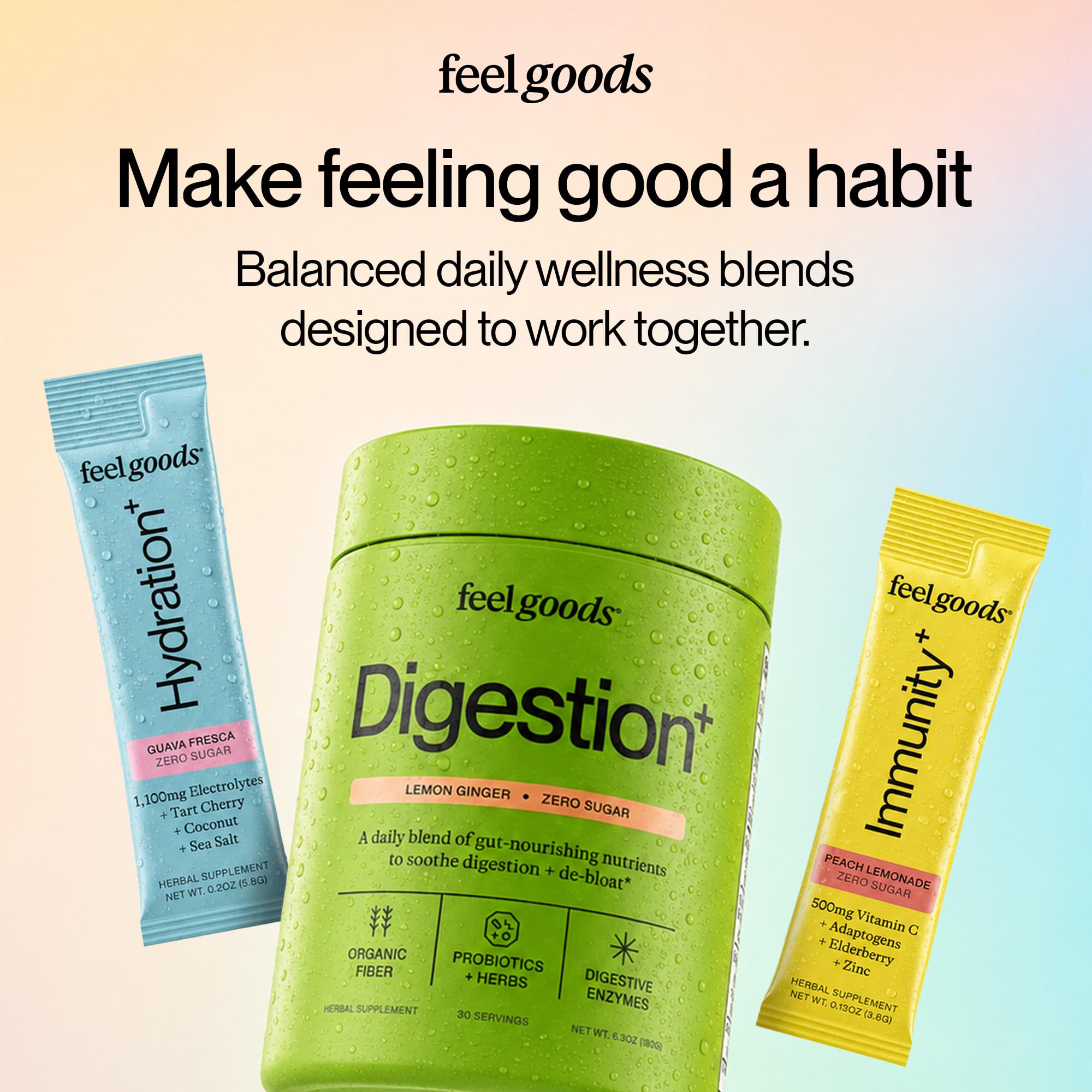 Feel Goods producto en entorno cotidiano de cocina, promueve bienestar digestivo