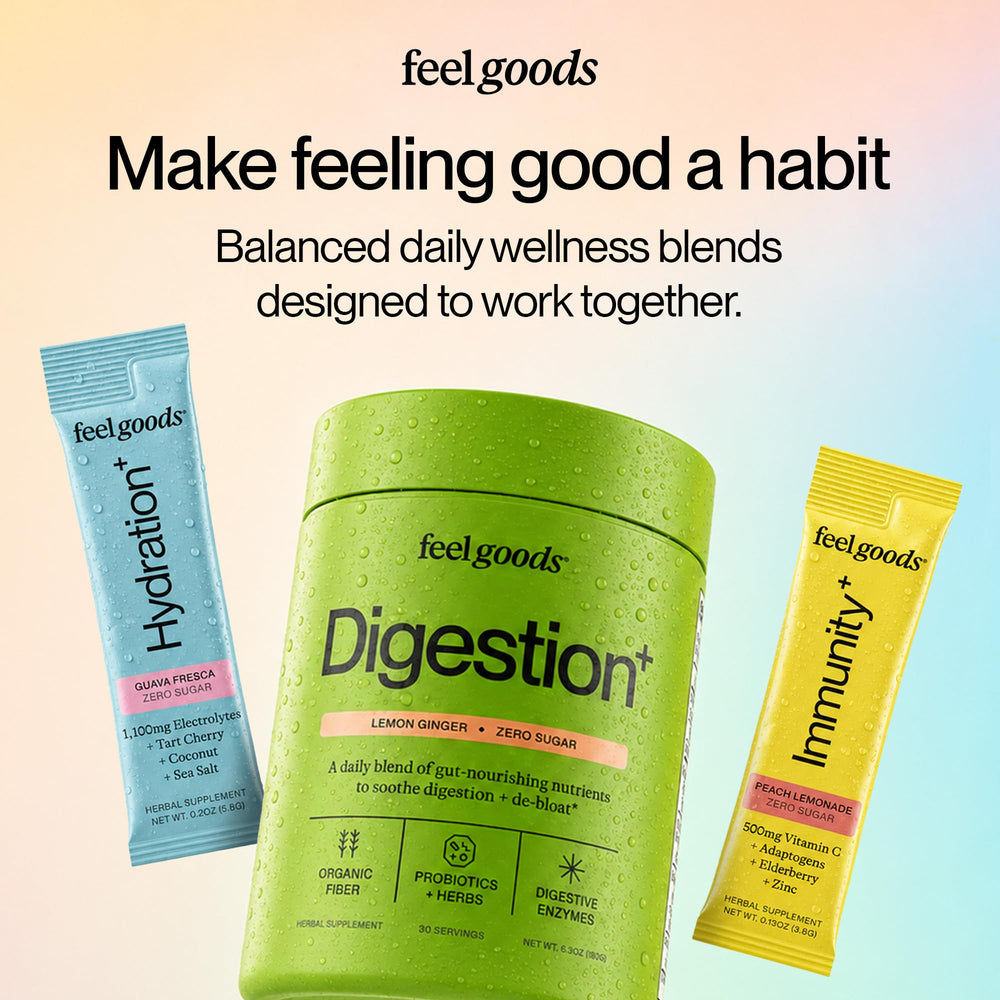 Feel Goods producto en entorno cotidiano de cocina, promueve bienestar digestivo