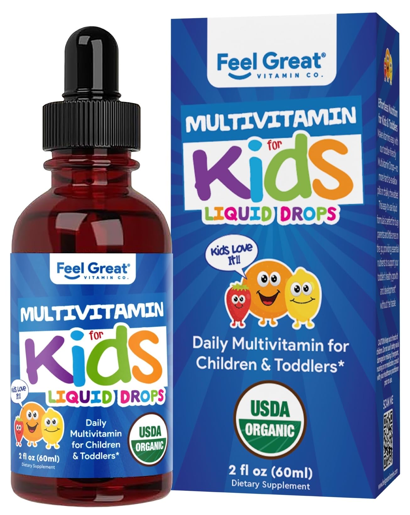 Feel Great Vitamins frasco frontal mostrando etiqueta orgánica y beneficios