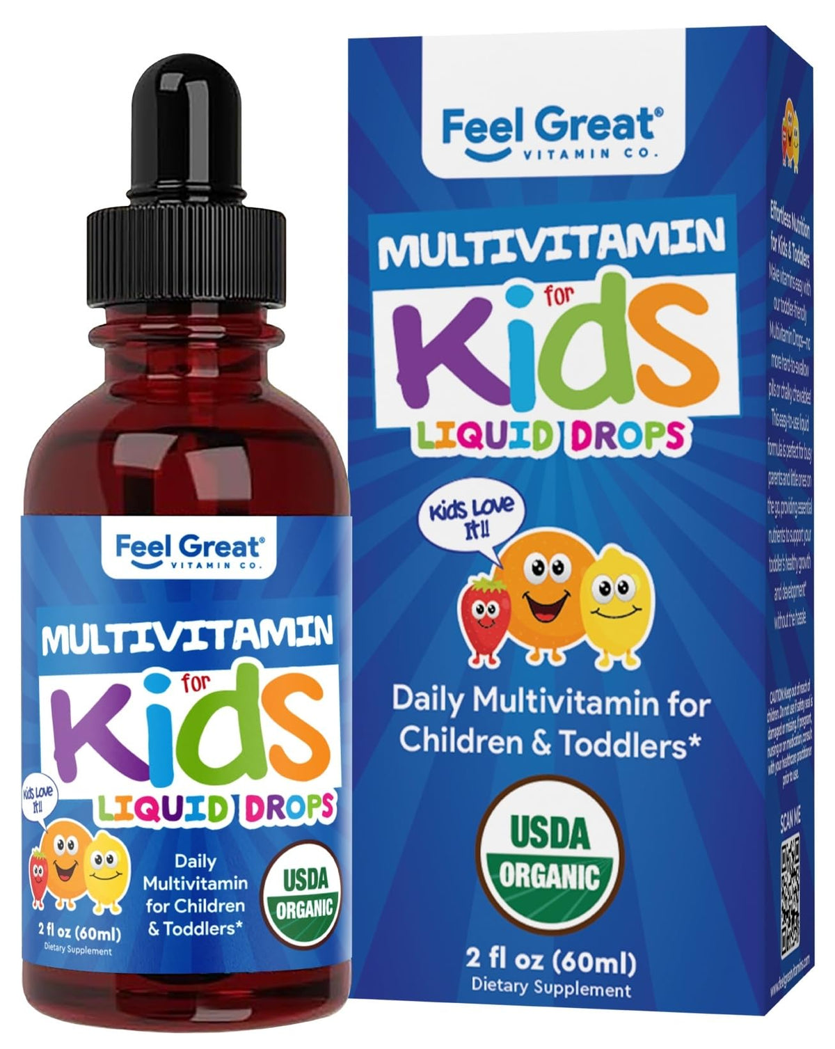 Feel Great Vitamins frasco frontal mostrando etiqueta orgánica y beneficios