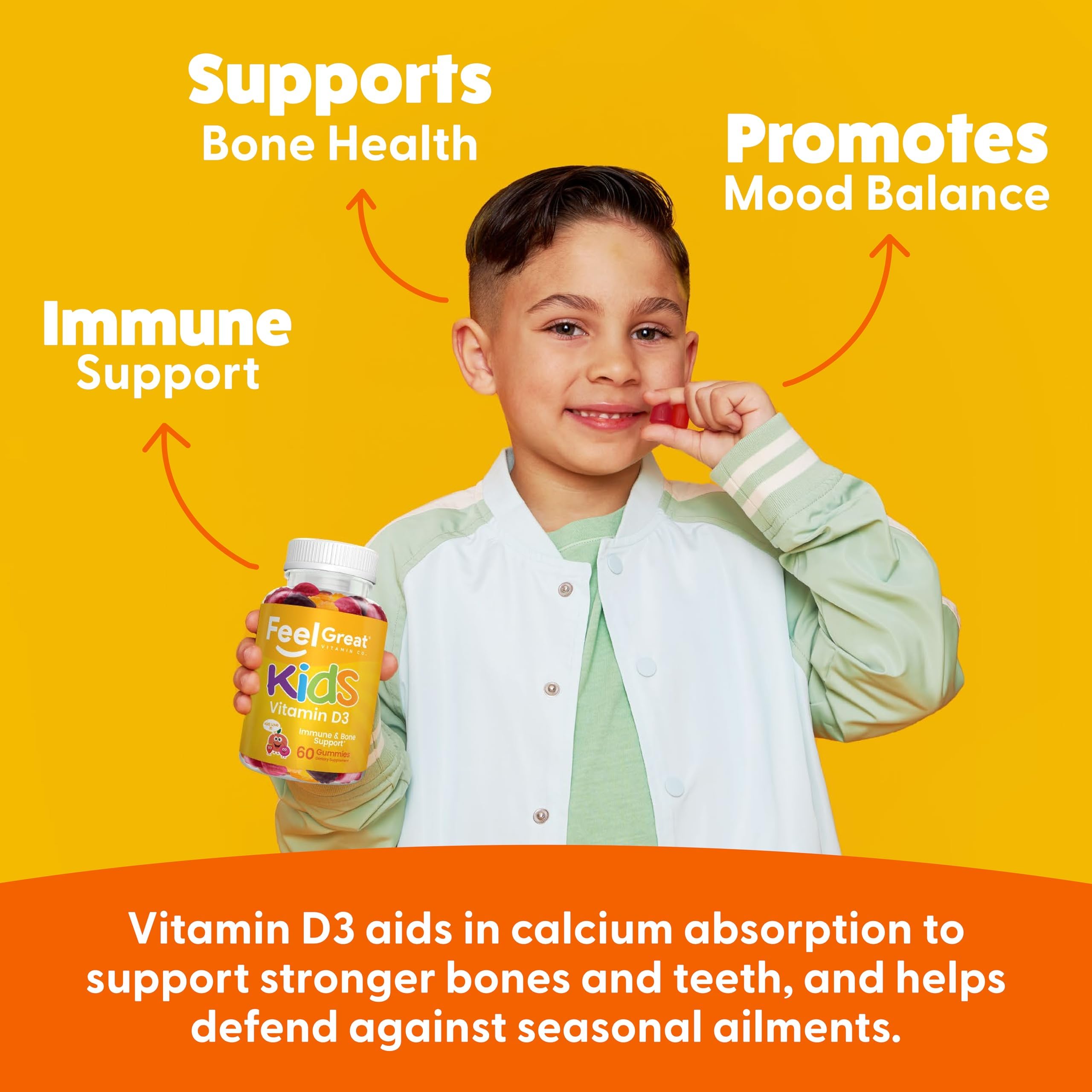 Comparación de tamaño de gominola Vitamin D3 The Feel Great Vitamin Company junto a una moneda