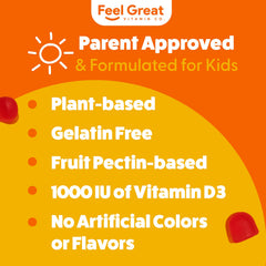 Madre dando gominola Vitamin D3 de The Feel Great Vitamin Company a niño para rutina diaria