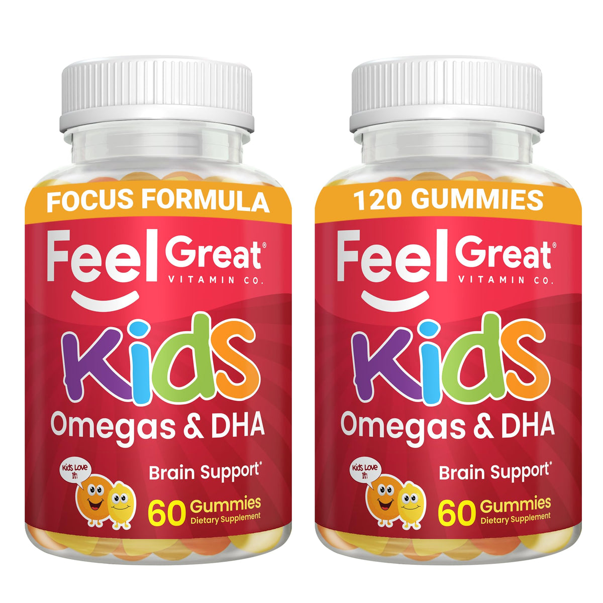 Feel Great Vitamin Company frasco frontal mostrando gominolas y beneficios
