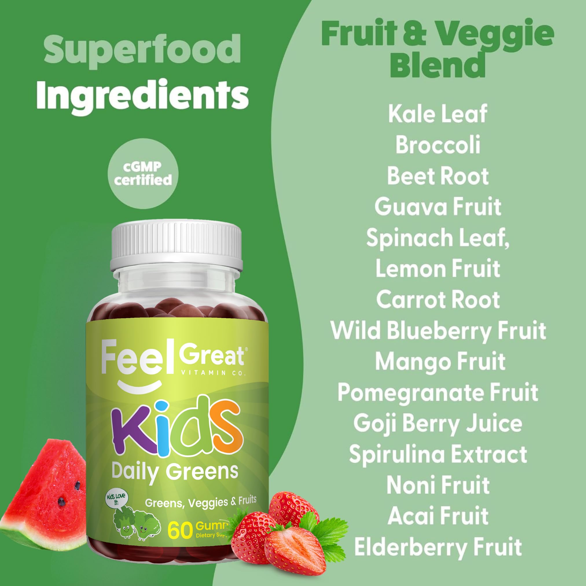 Feel Great etiqueta del frasco destacando ingredientes y pruebas de terceros