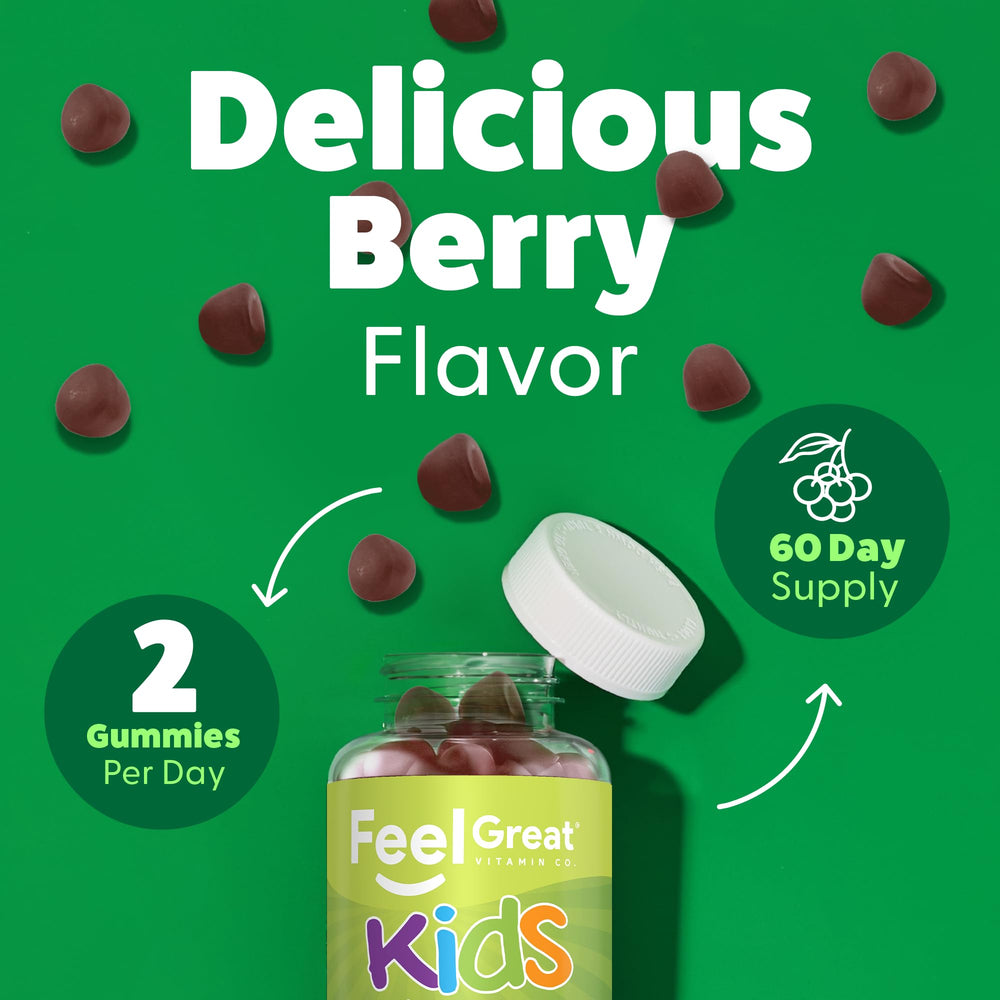 Feel Great niño tomando gomita fácilmente para incorporar frutas y verduras