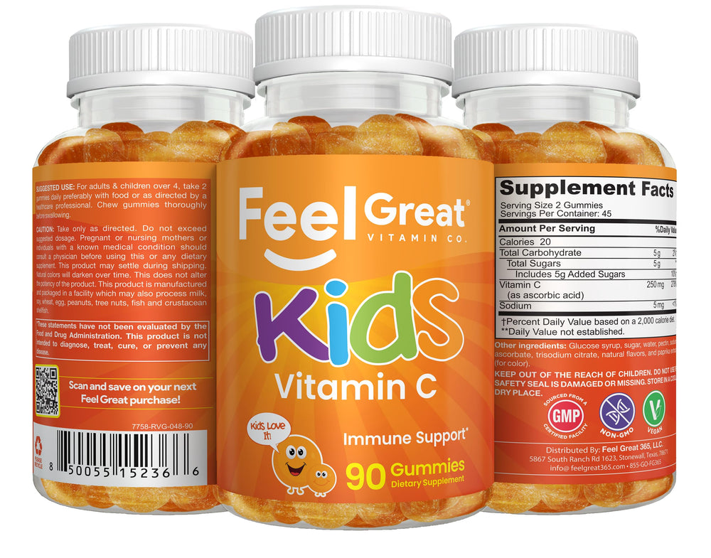 The Feel Great Vitamin Company caja abierta con 90 gomitas, cantidad por envase