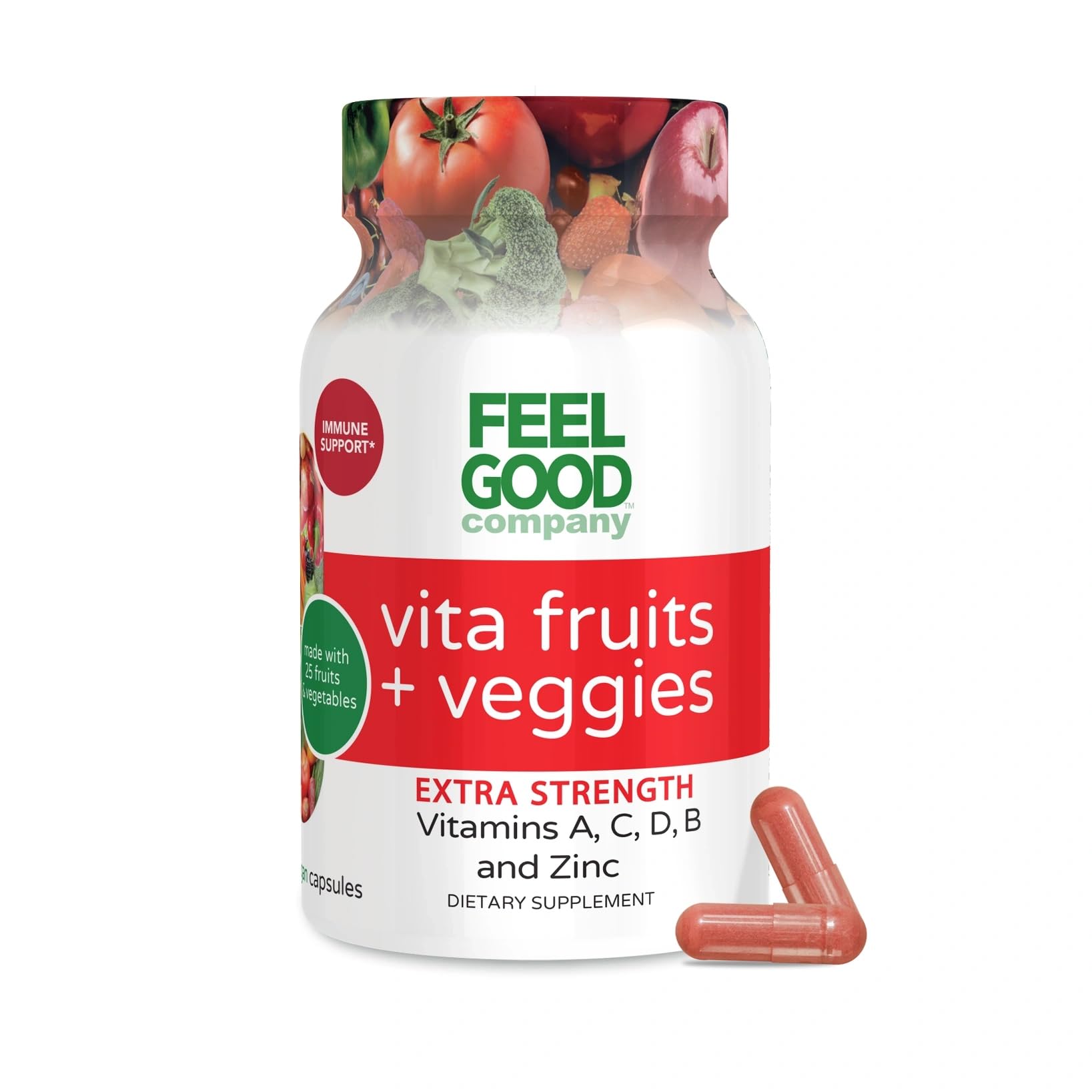 FeelGood bote frontal mostrando 60 cápsulas y beneficio de apoyo inmunitario