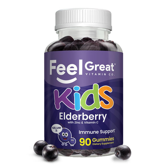 The Feel Great Vitamin Company frasco frontal con etiqueta visible y beneficios