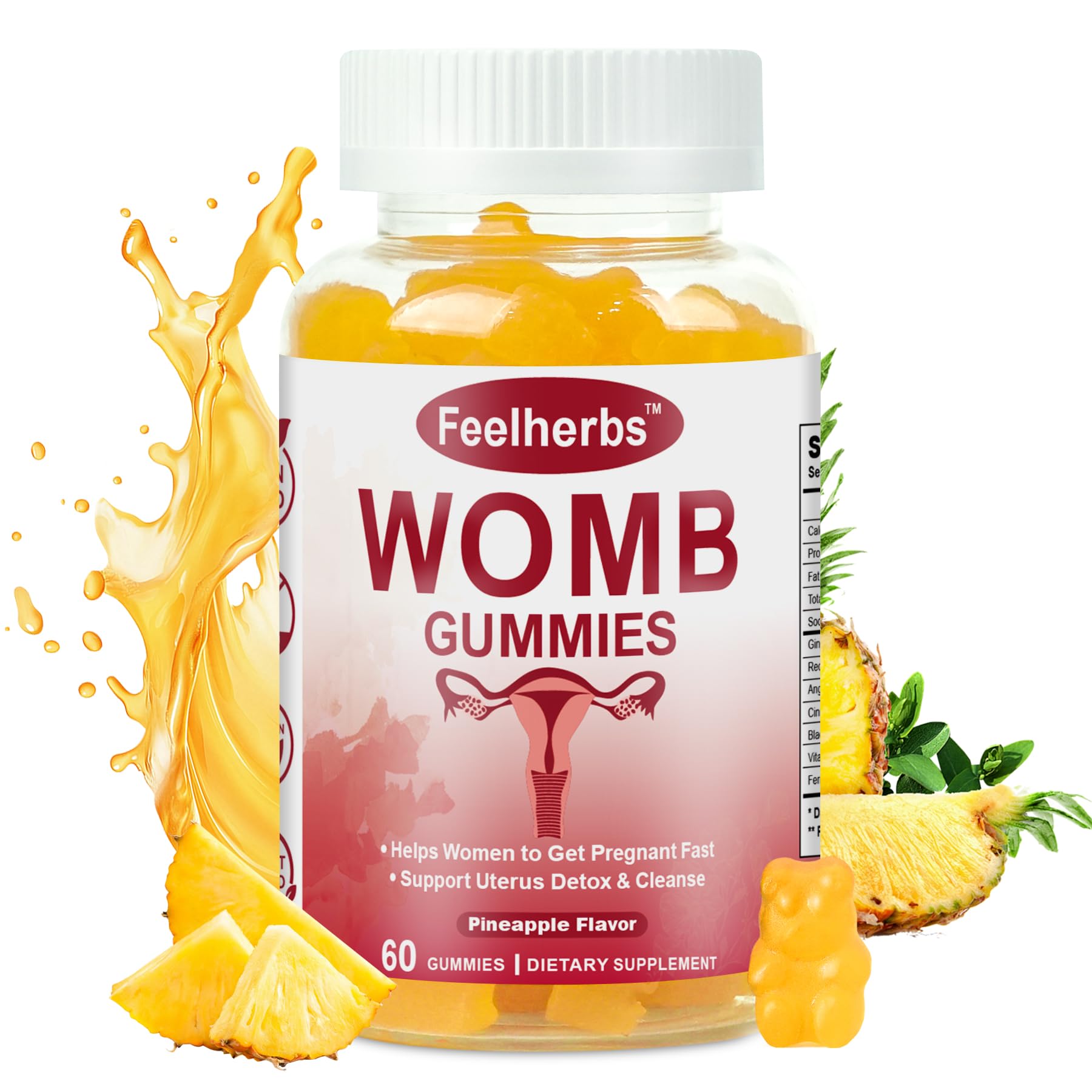 Feelherbs frasco de Womb Gummies mostrado frontalmente, ideal para iniciar rutina