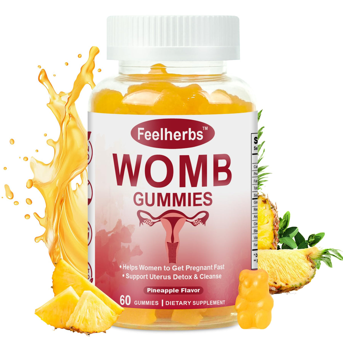 Feelherbs frasco de Womb Gummies mostrado frontalmente, ideal para iniciar rutina