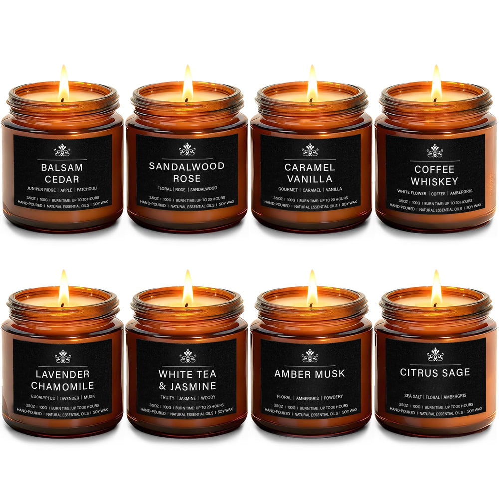 Feibao set de 8 tarros ámbar mostrando variedad de aromas y estética elegante