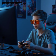 FEISEDY gafas en uso por gamer, disminuyen fatiga ocular
