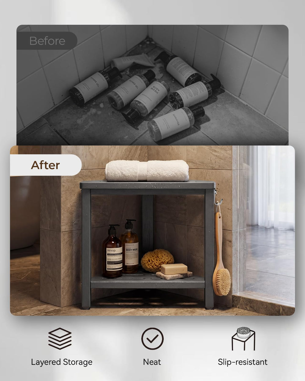 Felasiay ambiente baño pequeño con taburete y funcionalidad