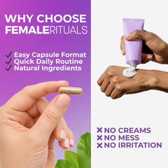 Female Rituals etiqueta con ingredientes y origen EE. UU., transparencia