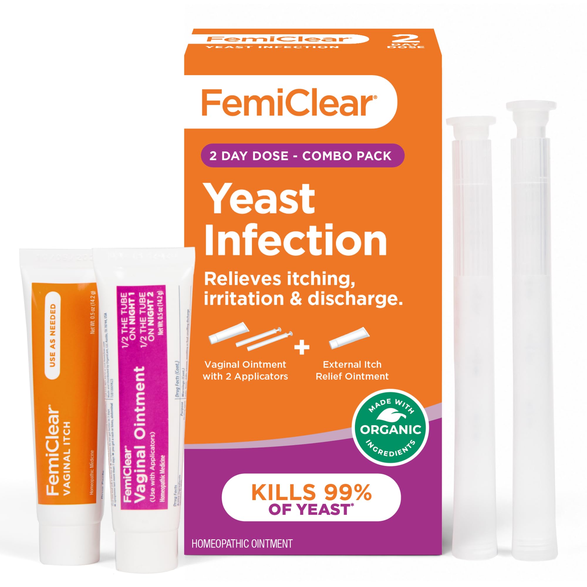 FemiClear empaque frontal mostrando el dúo para alivio rápido y natural