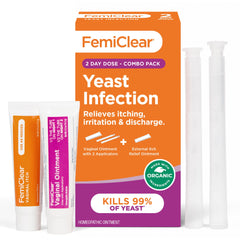 FemiClear empaque frontal mostrando el dúo para alivio rápido y natural