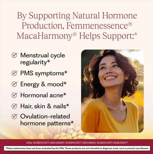 Natural Health International Femmenessence MacaHarmony cápsulas detalle que evidencia pureza