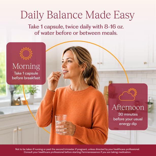 Natural Health International Femmenessence MacaHarmony cápsula en mano para mostrar tamaño real