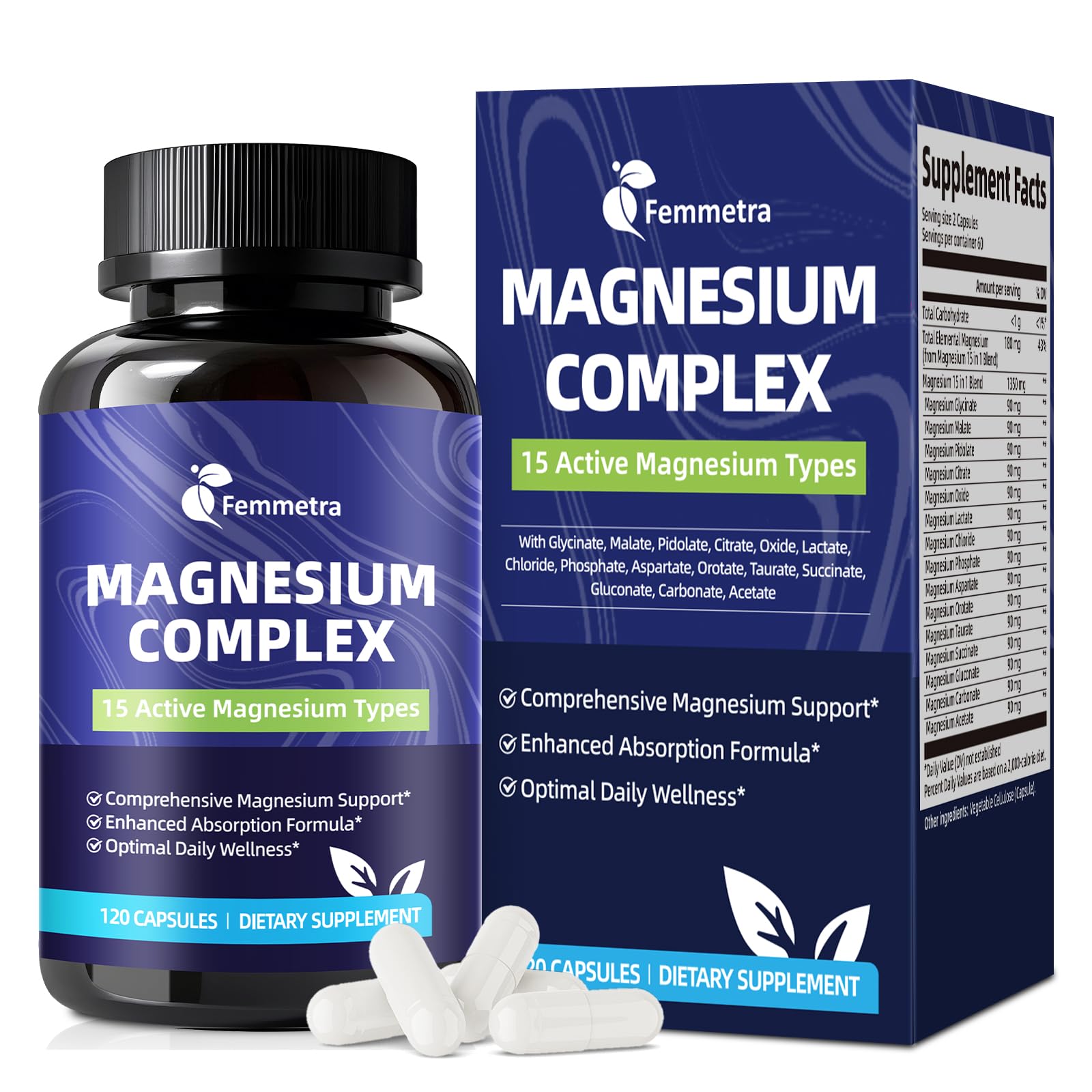 Femmetra frasco frontal del Magnesium Complex mostrando diseño y claridad