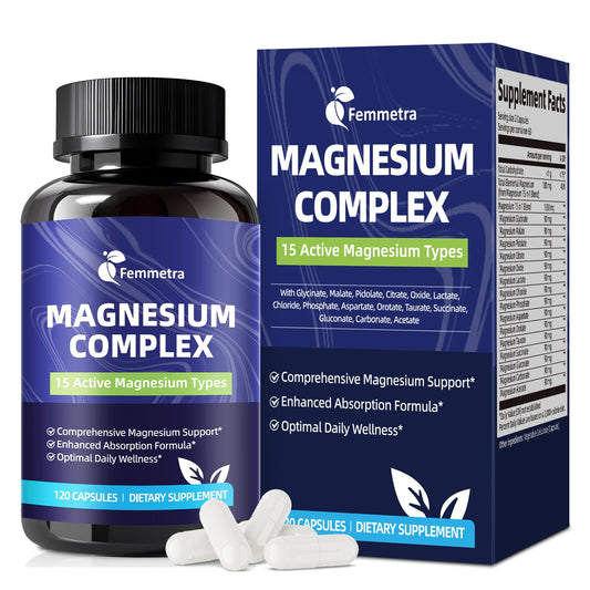 Femmetra frasco frontal del Magnesium Complex mostrando diseño y claridad
