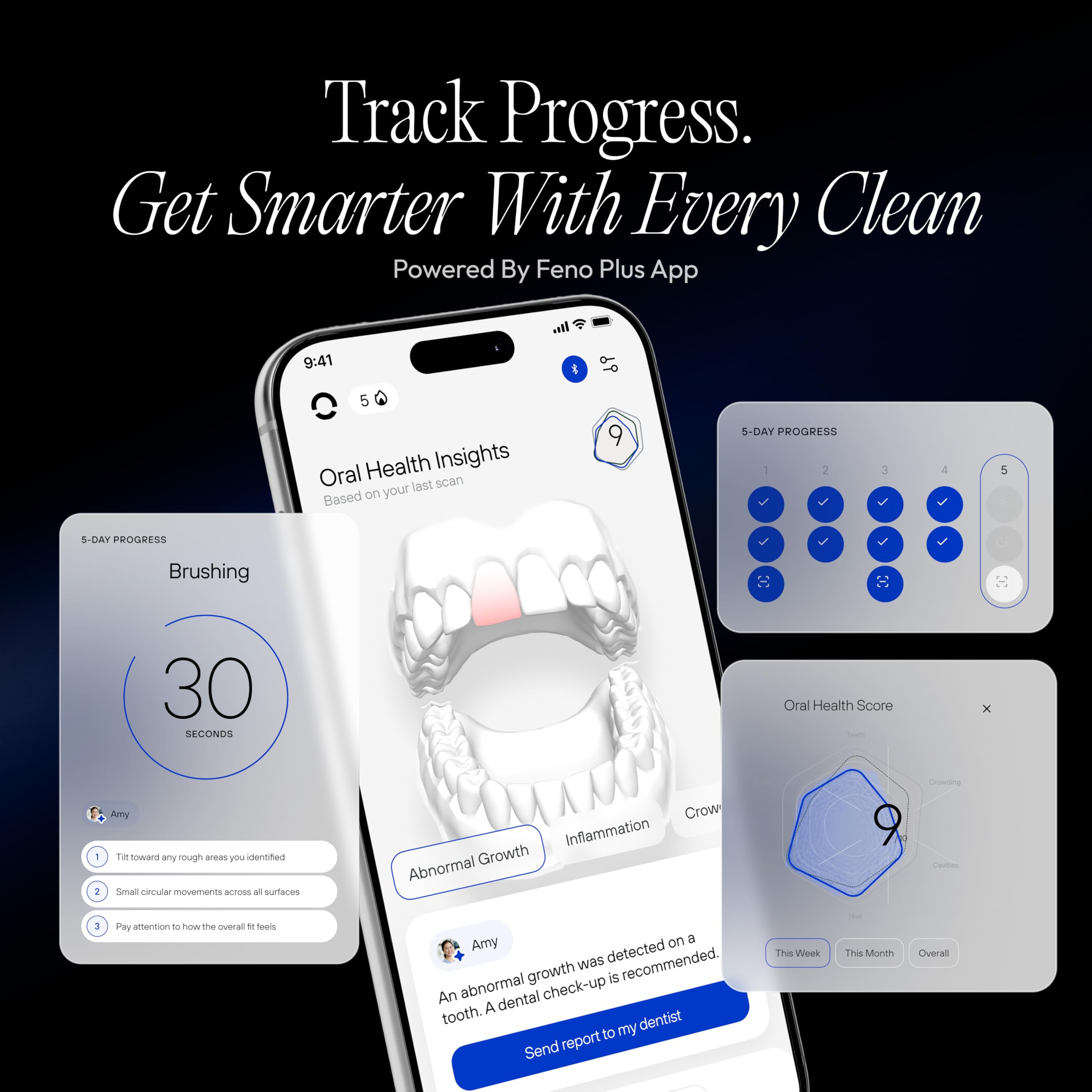 Pantalla de la app Feno Plus mostrando métricas y mejor adherencia a hábitos
