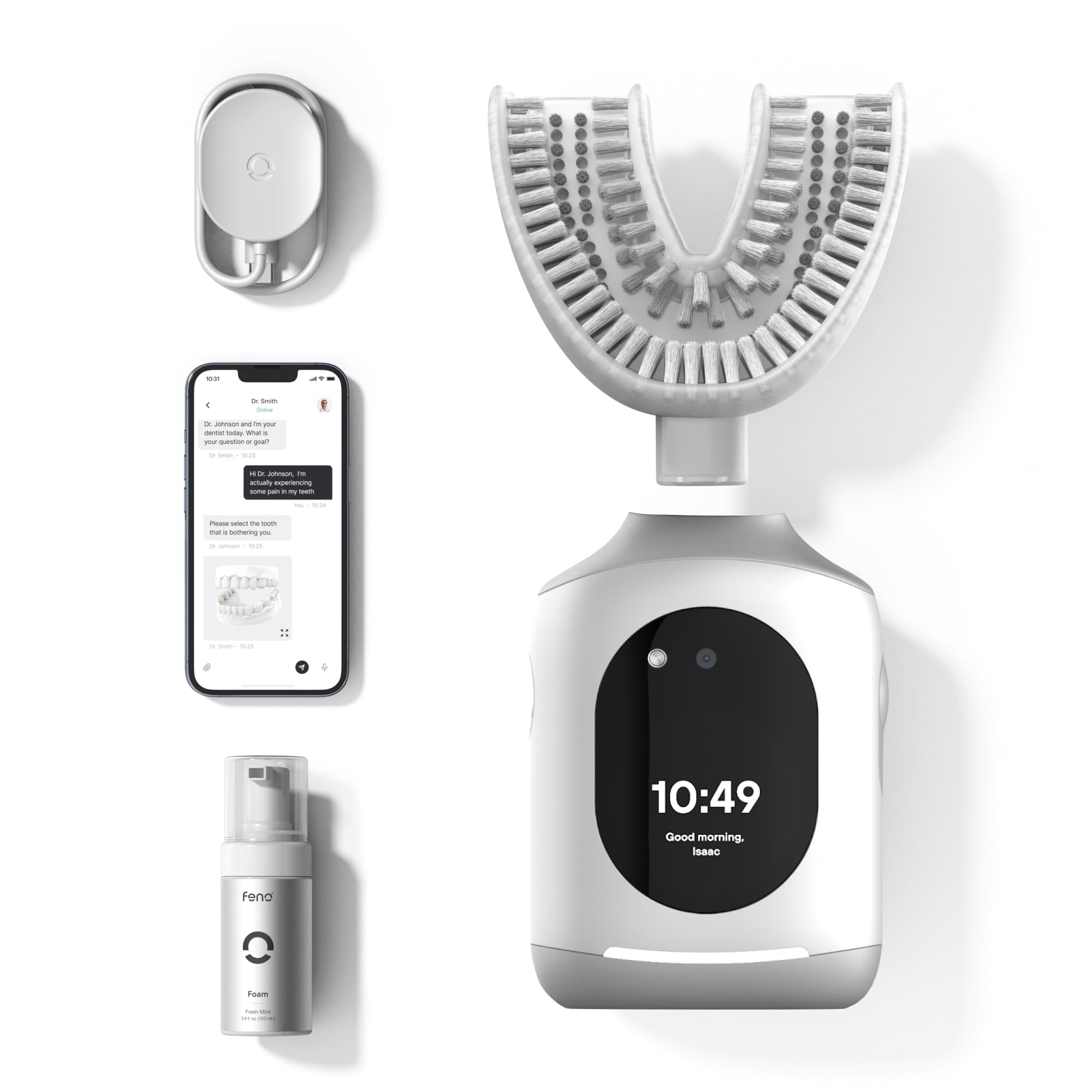 Feno Smartbrush empacado frontal que muestra el kit y comodidad de inicio