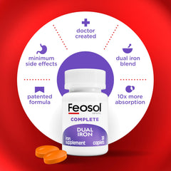 Feosol capleta junto a moneda para escala, demuestra tamaño pequeño cómodo