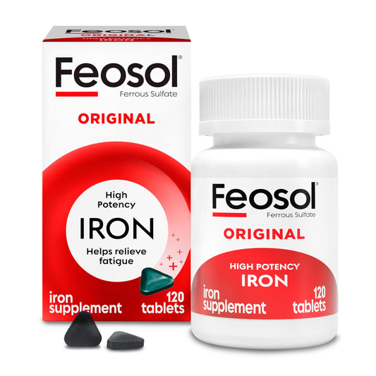 Feosol frasco frontal mostrando 120 tabletas y conveniencia diaria