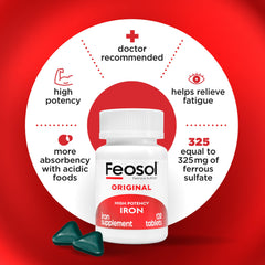 Tableta Feosol en mano para mostrar tamaño y dosificación diaria