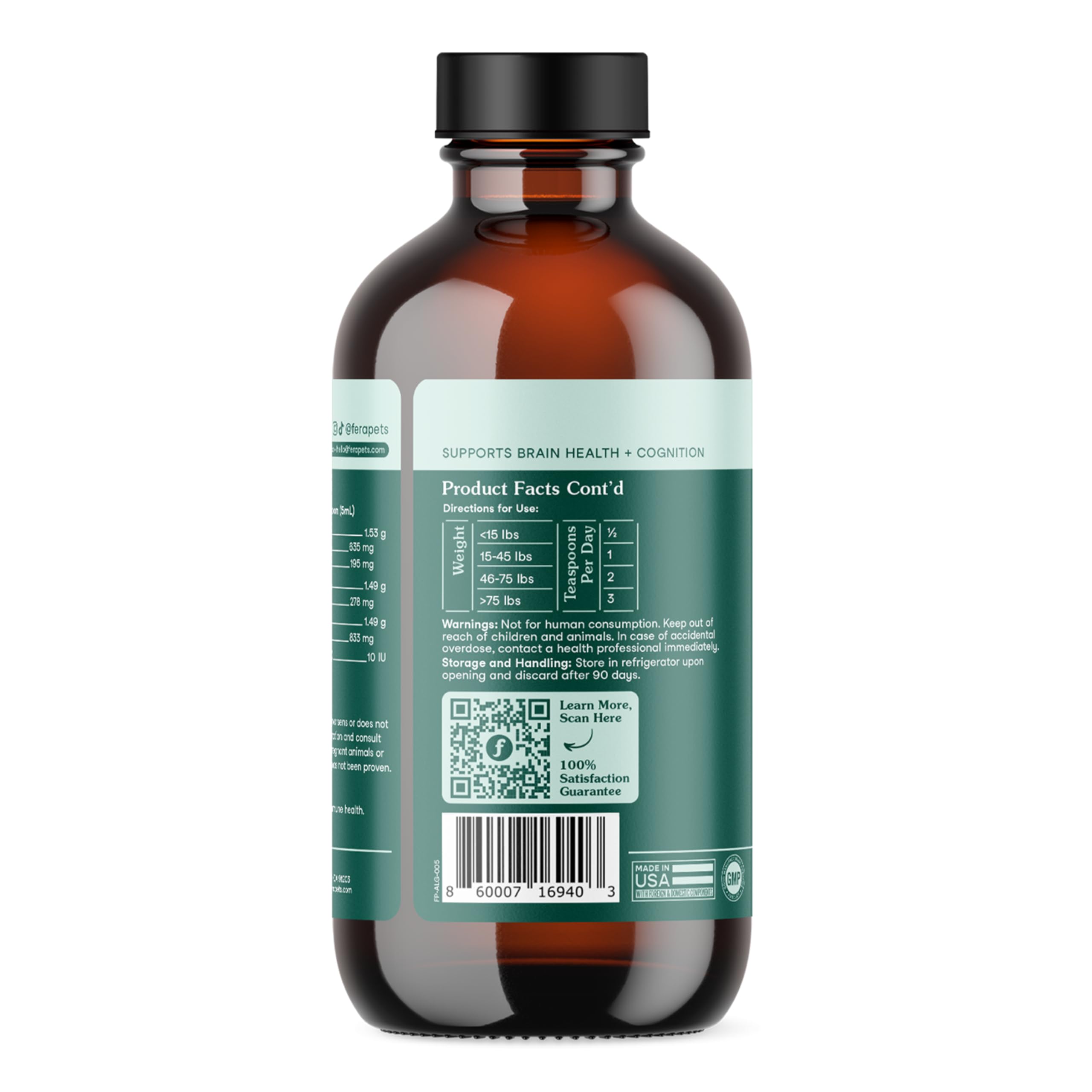 Fera Pets lista de ingredientes y microalgas en primer plano beneficio origen vegano