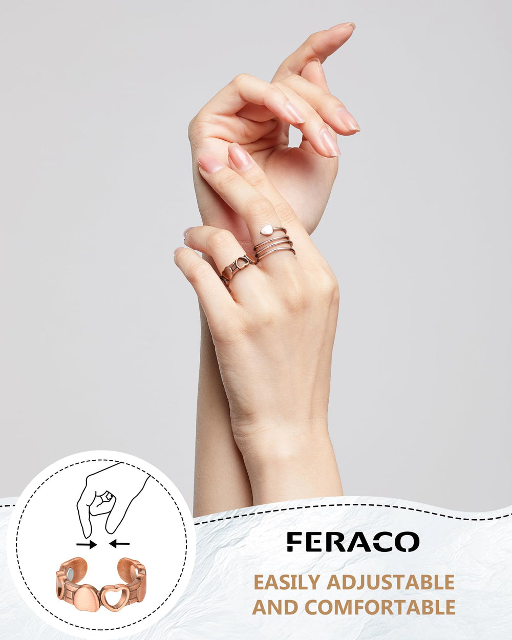 Feraco anillos junto a regla para comparar tallas, ajuste evidente
