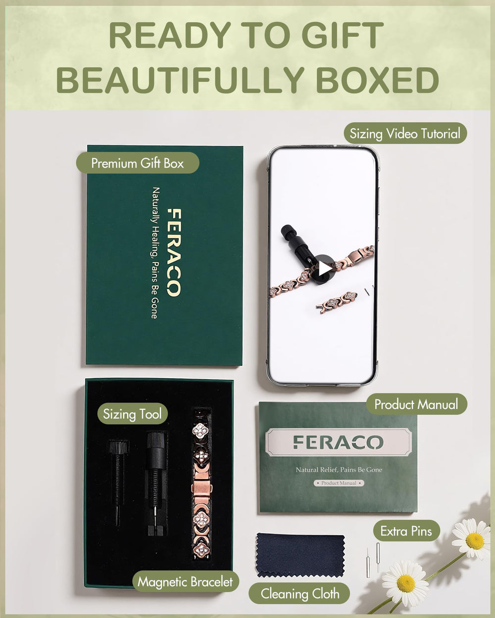 Feraco pulsera colocada en caja de lujo, ideal para regalar en ocasiones