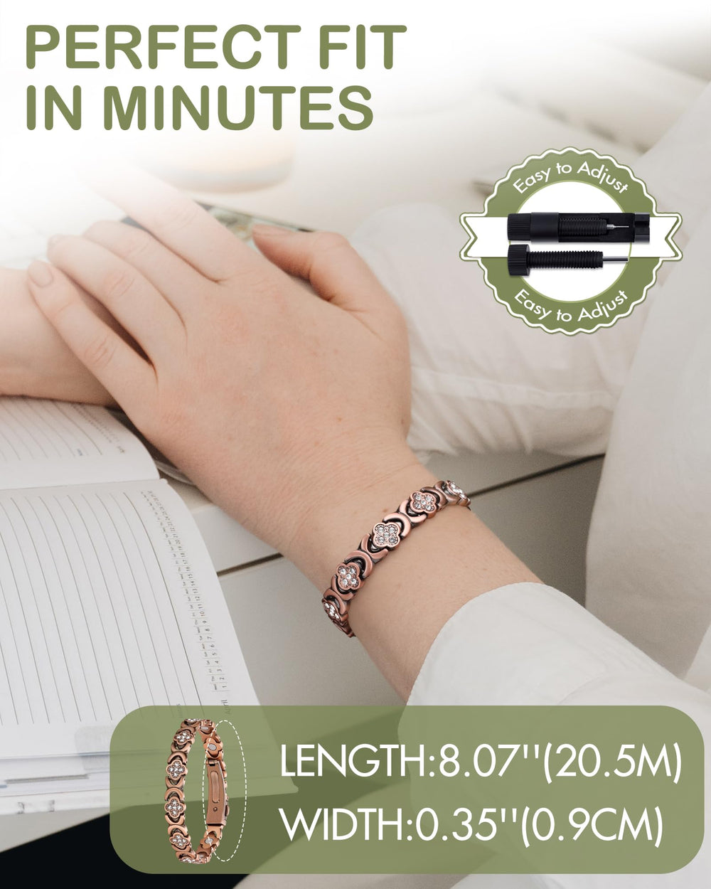 Feraco pulsera en mano para comparar escala y ajuste visual