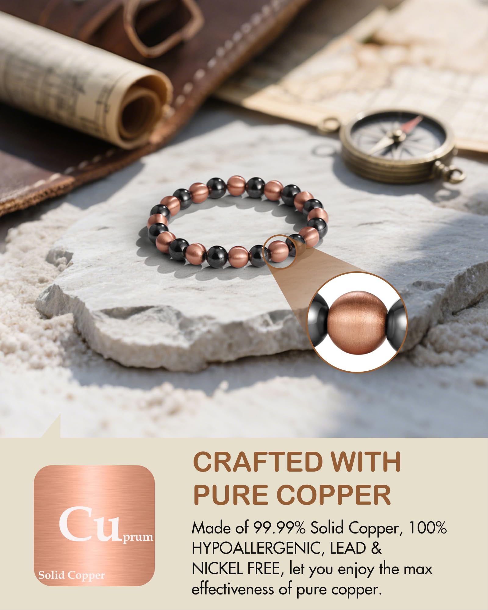 Feraco pulsera vista frontal con cuentas de cobre, aspecto sobrio y masculino