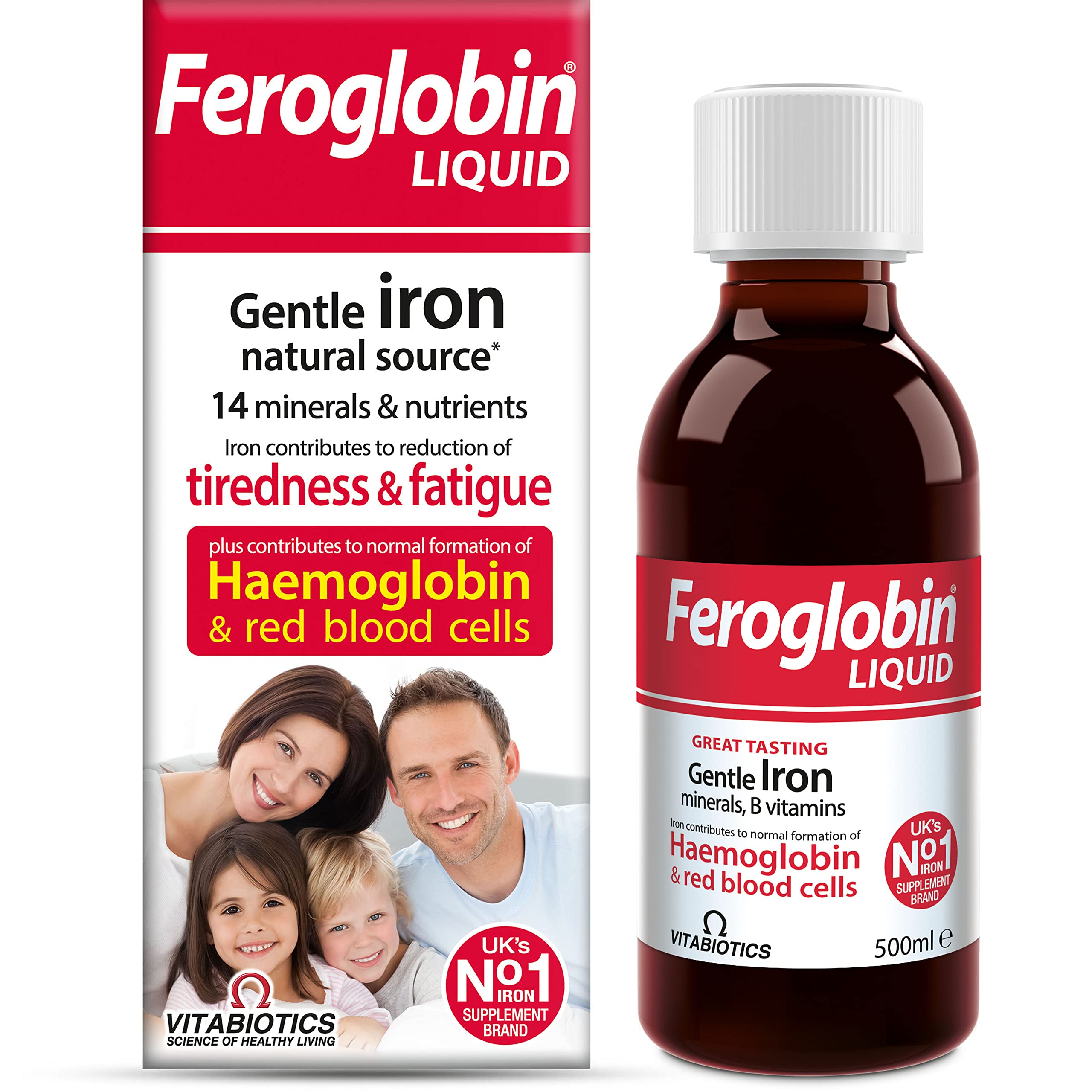 Feroglobin Vitabiotics frasco frontal mostrando etiqueta y tamaño, beneficio: fácil identificación y presentación práctica