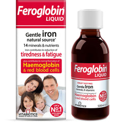 Feroglobin Vitabiotics frasco frontal mostrando etiqueta y tamaño, beneficio: fácil identificación y presentación práctica