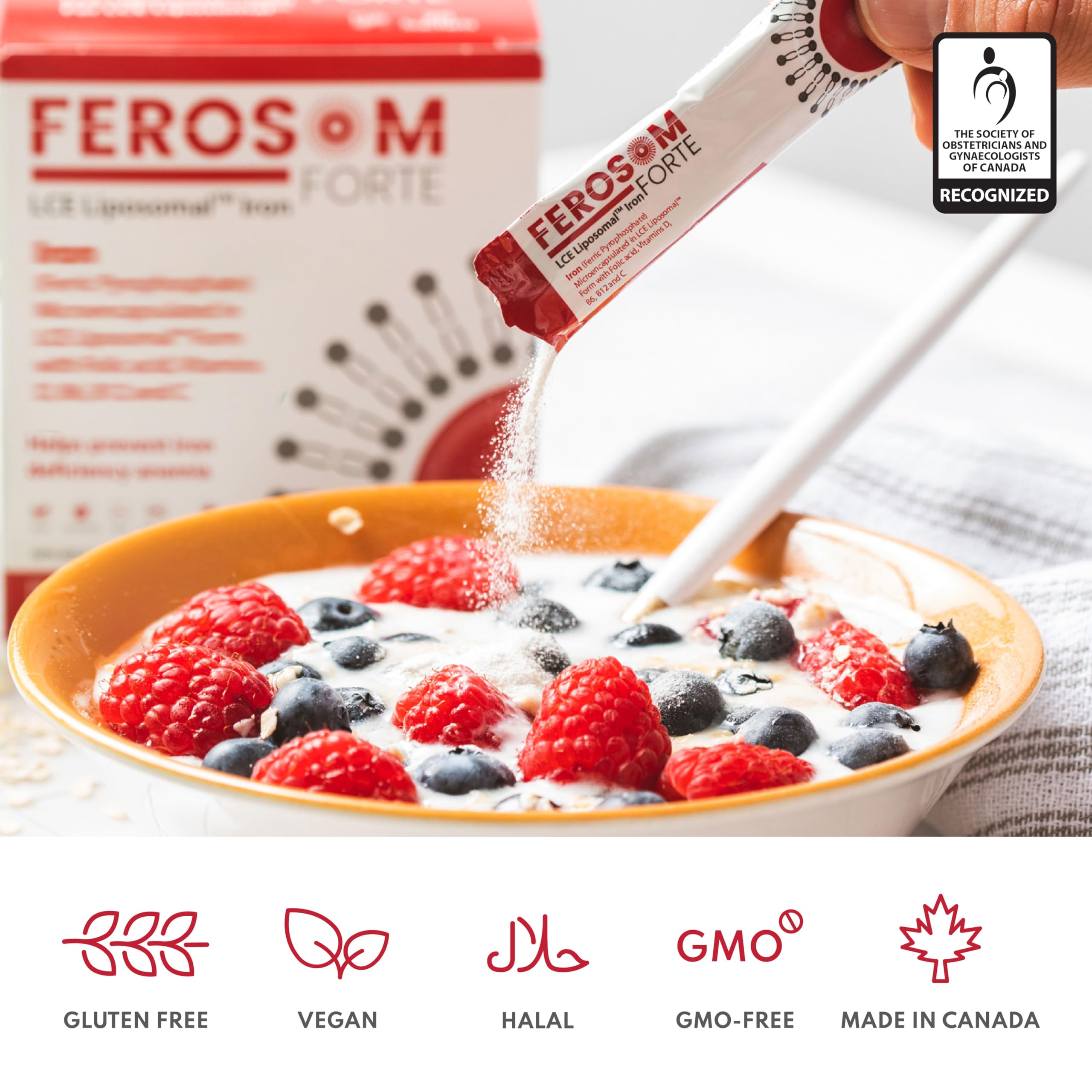 Ferosom Forte polvo disolviéndose en vaso, preparación rápida y práctica