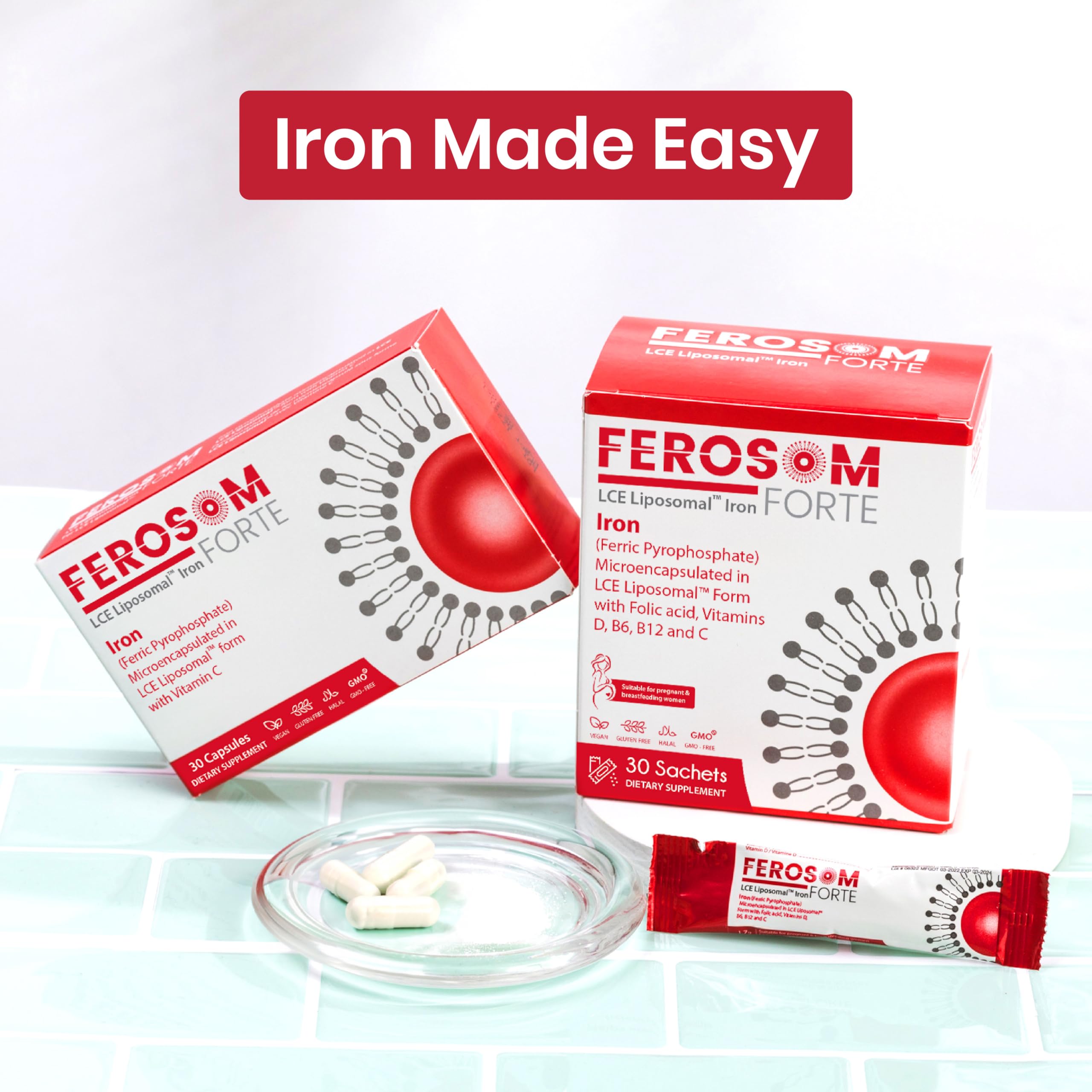 FEROSOM FORTE etiqueta con ingredientes y certificaciones, resalta calidad